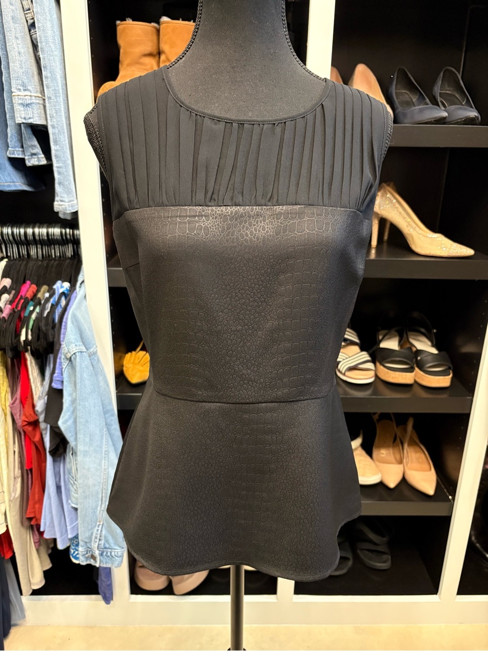 CAbi Black Pleated Yoke Peplum Top